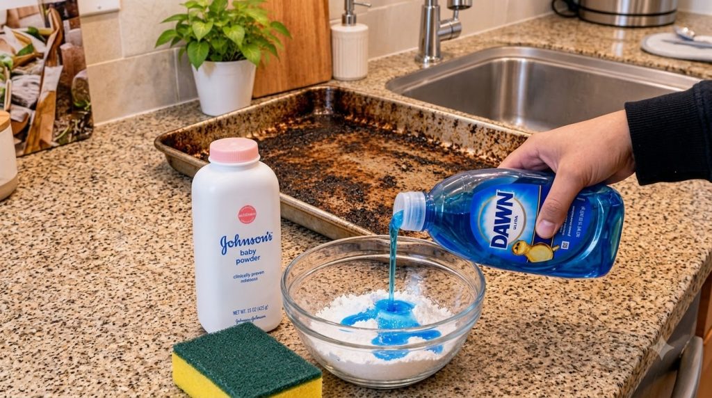 Preparación de la mezcla de limpieza una botella de jabón líquido azul para platos vertiendo el contenido en un recipien