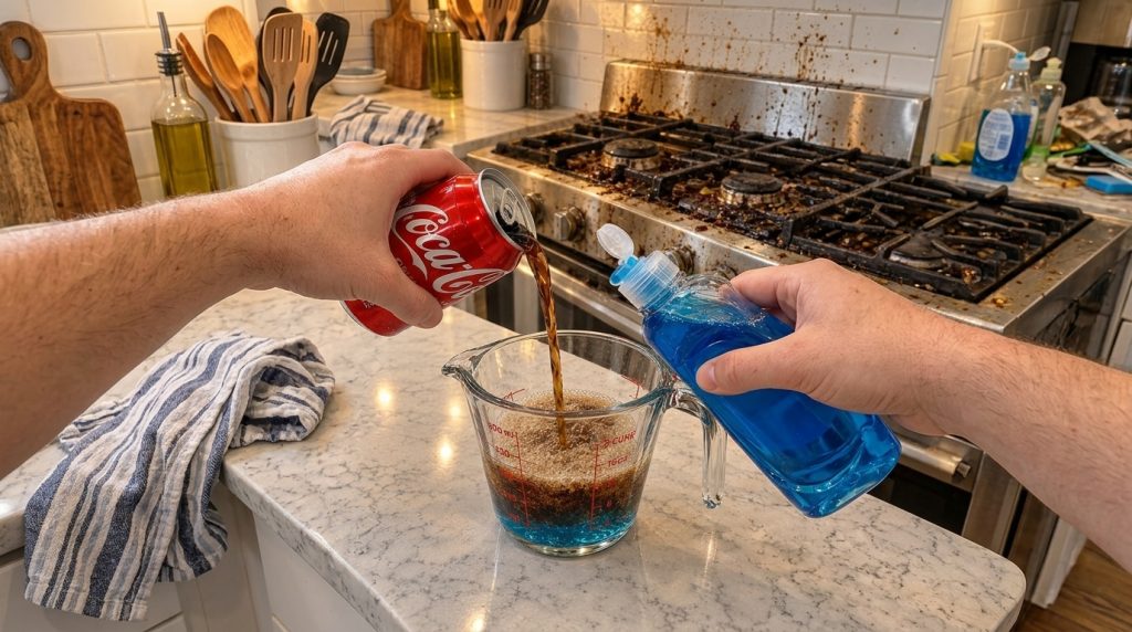 Hands pouring Coca-Cola from a red can and blue dish soap from a clear bottle into a measuring cup creating a fizzy laye