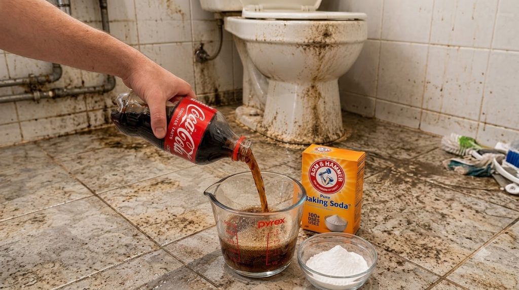 A close-up of a hand pouring Coca-Cola into a glass measuring cup with a box of baking soda and a small bowl of white po