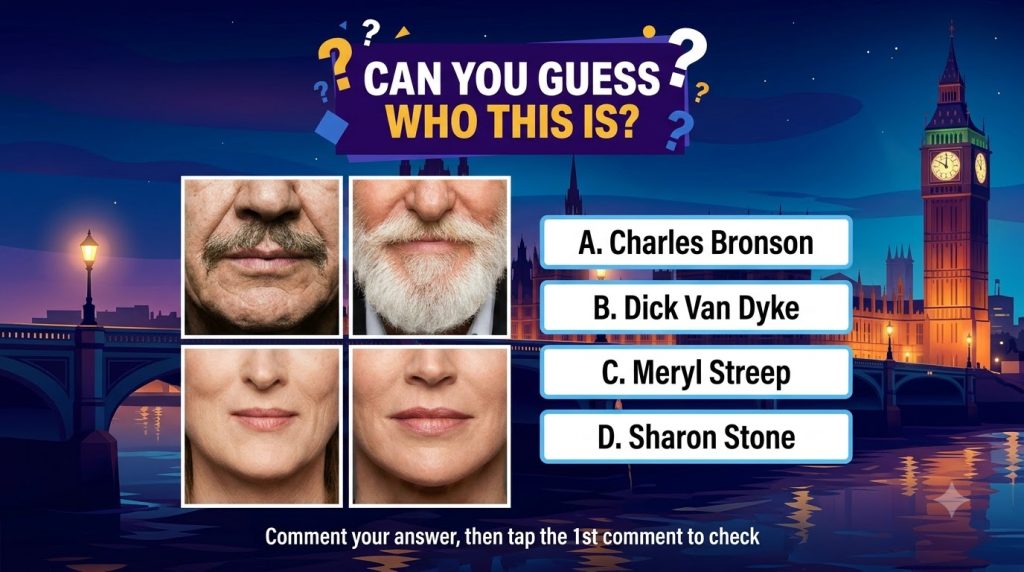 A social media quiz card featuring the headline CAN YOU GUESS WHO THIS IS above a 2x2 grid of extreme close-up crops of