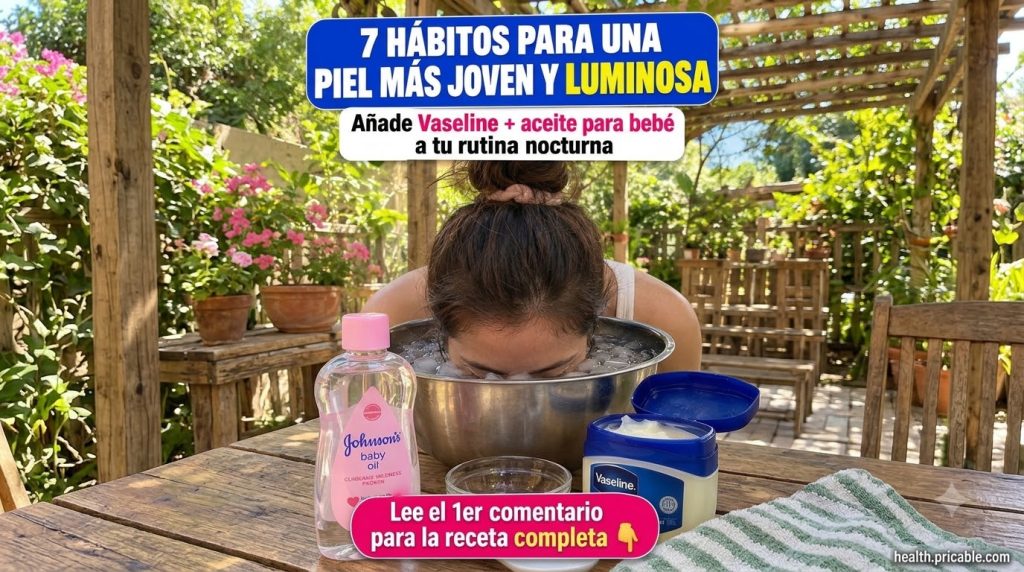 A woman submerging her face into a large metal bowl filled with ice and water with a fresh and natural background The sc
