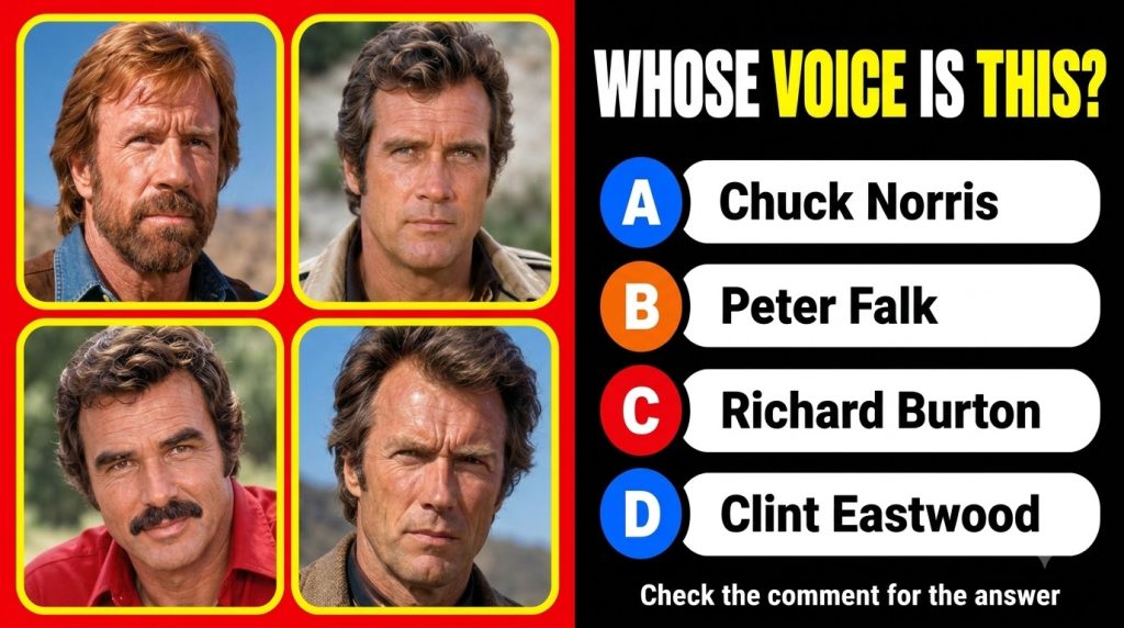 A quiz card showing four male celebrity portraits and the question Whose Voice Is This with answer options including Chu