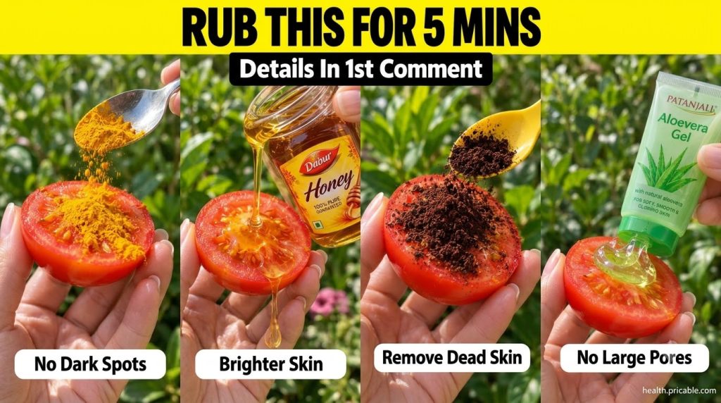 A hand holding a halved tomato with various natural ingredients like turmeric honey coffee grounds and aloe vera gel bei