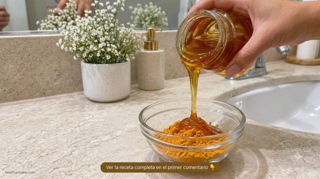A hand pouring honey into a bowl with turmeric powder on a light counter capturing the natural DIY beauty preparation