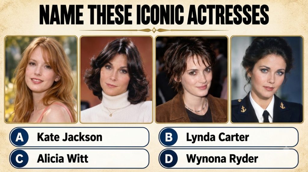 A quiz layout with four celebrity portraits in rounded frames and four answer cards below