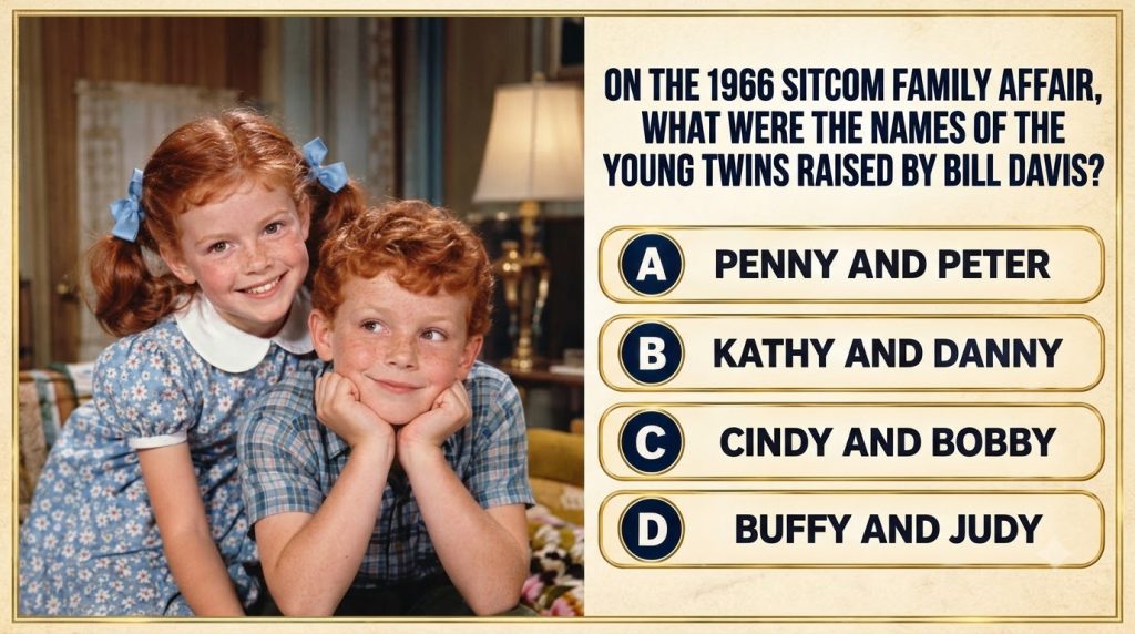 Two young red-haired children a girl and a boy smiling in a studio portrait with a quiz overlay about Family Affair