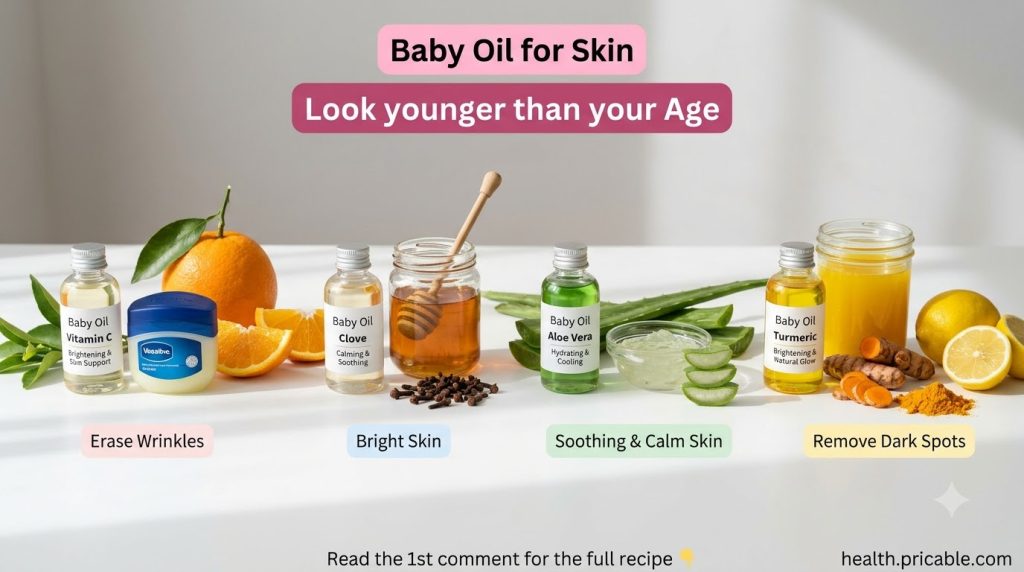 A vibrant collage of baby oil bottles with natural ingredients like oranges aloe vera and turmeric all against a clean b