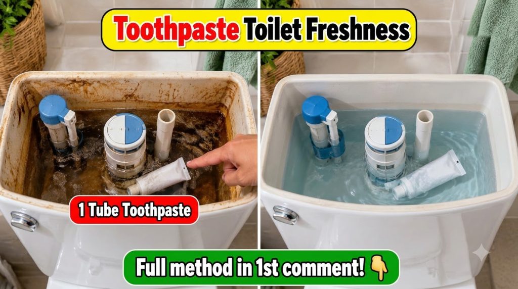 A partially squeezed tube of toothpaste submerged in a dirty toilet tank with a hand pointing at it