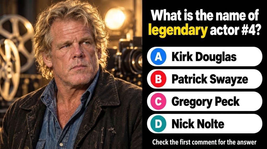 A quiz card featuring four celebrity portraits with a question asking What is the name of legendary actor 4 and four ans
