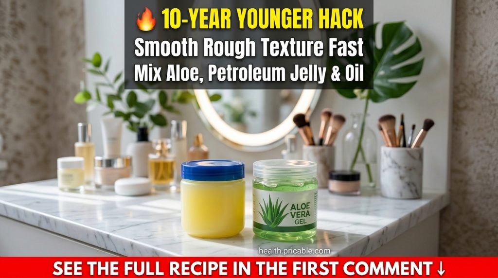 A jar of Vaseline Petroleum Jelly a jar of aloe vera gel and a small bottle of facial oil on a white marble vanity with 