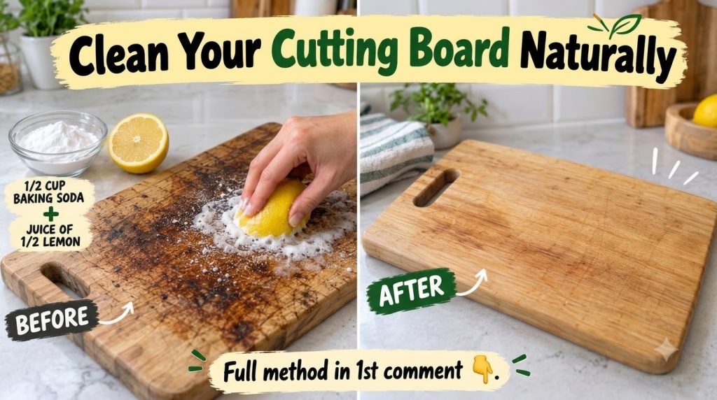 A hand sprinkling baking soda onto a stained wooden cutting board The board has visible dark spots and food remnants and