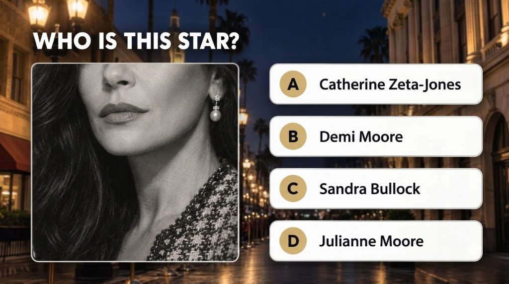 A black and white image featuring a celebrity quiz with a tight crop of a woman s lower face nose mouth chin and jawline