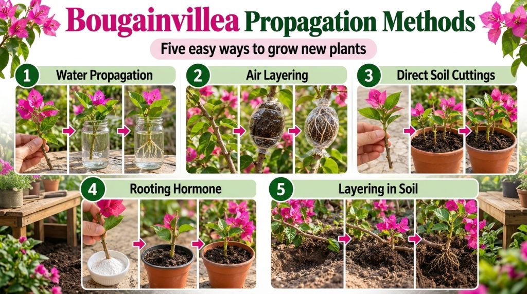 An infographic showing five methods of Bougainvillea propagation water propagation soil propagation node-based stem cutt