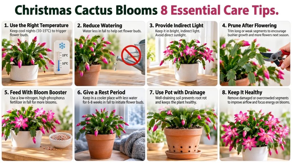 A healthy Christmas cactus in a white pot with vibrant pink-red flowers surrounded by a subtle festive background illust