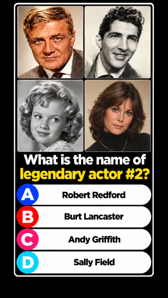 A 2x2 grid of four classic Hollywood actor headshots against a dark background with a white border formatted as a trivia