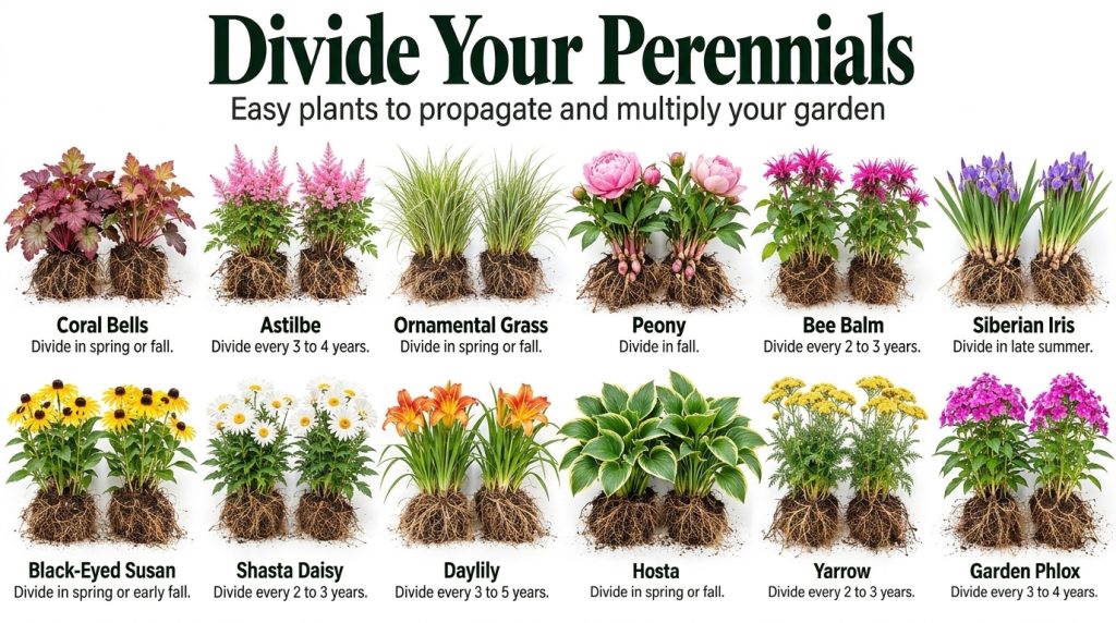 An infographic titled 12 Easy Perennials to Divide and Grow Again showing illustrations of 12 different perennial plants
