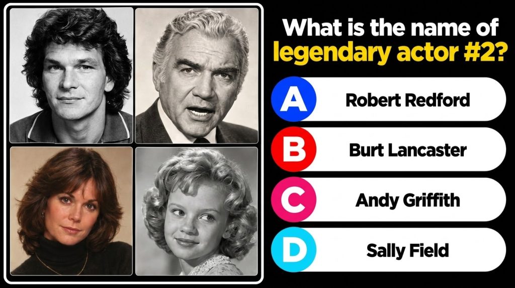 A multi-panel quiz layout on a black background with four black-and-white or sepia-toned headshots of famous actors in a