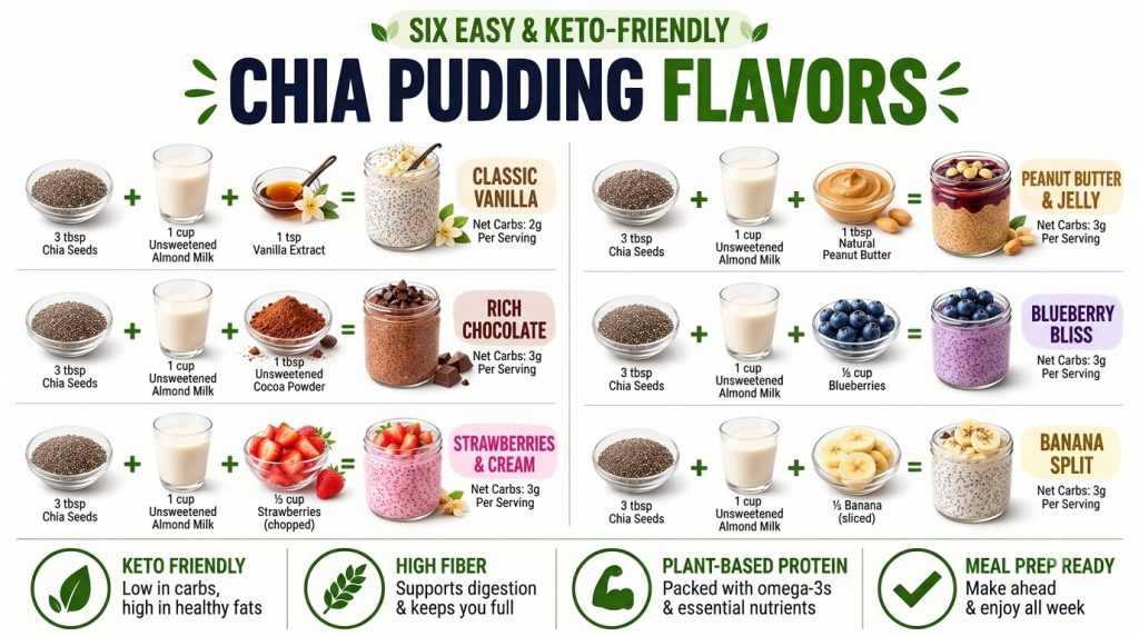 An infographic showing six distinct keto-friendly chia pudding recipes each with ingredients like chia seeds almond milk