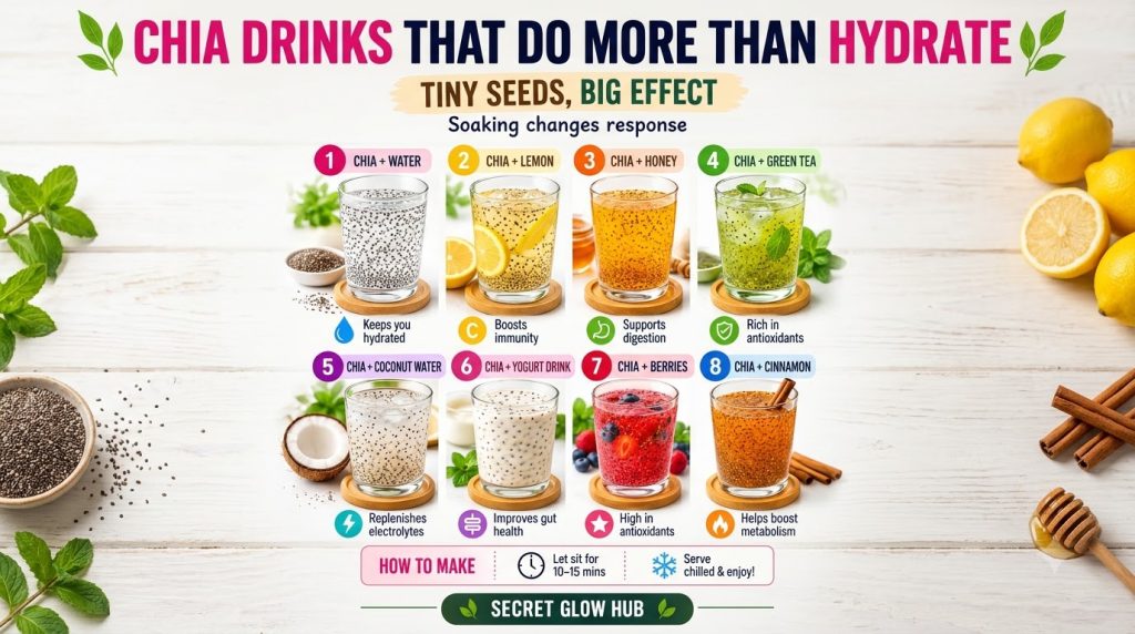 A grid showcasing eight different vibrant chia seed drink recipes each with unique ingredients like lemon honey berries 