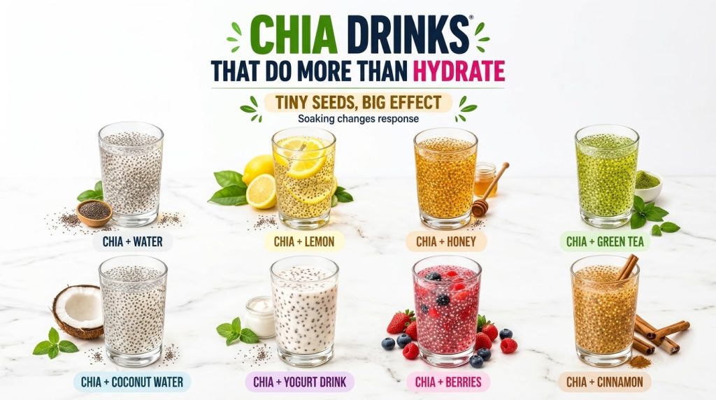 A vibrant array of eight different chia seed drinks each in a glass with colorful fresh fruits spices and other ingredie