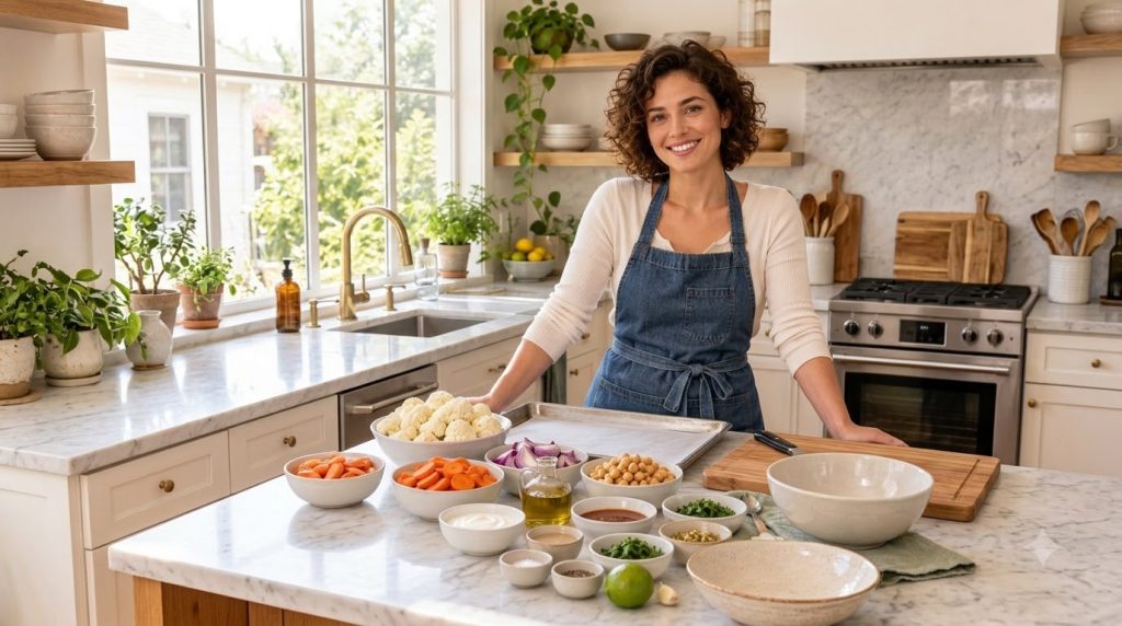A colorful Mediterranean bowl filled with roasted vegetables chickpeas fresh herbs and a creamy mint yogurt sauce presen
