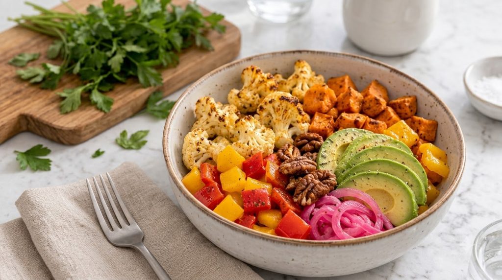 A close-up of a vibrant colorful Buffalo Cauliflower Salad in a bowl featuring roasted cauliflower florets coated in buf