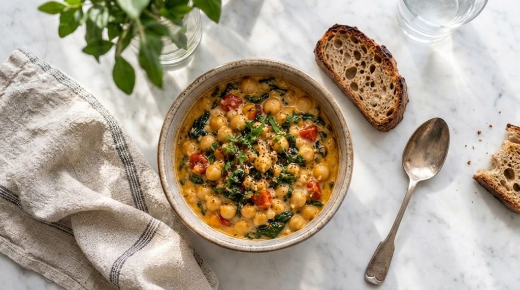 A close-up of a rich and creamy chickpea dish generously garnished with fresh herbs and served in a bowl with crusty bre