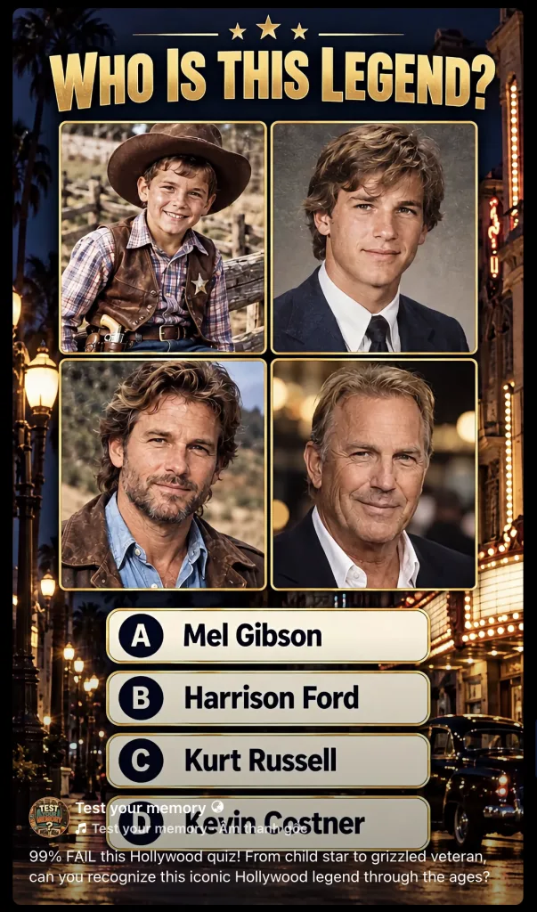 Quiz graphic showing Kevin Costner at four different ages with the question WHO IS THIS LEGEND and Kevin Costner highlig