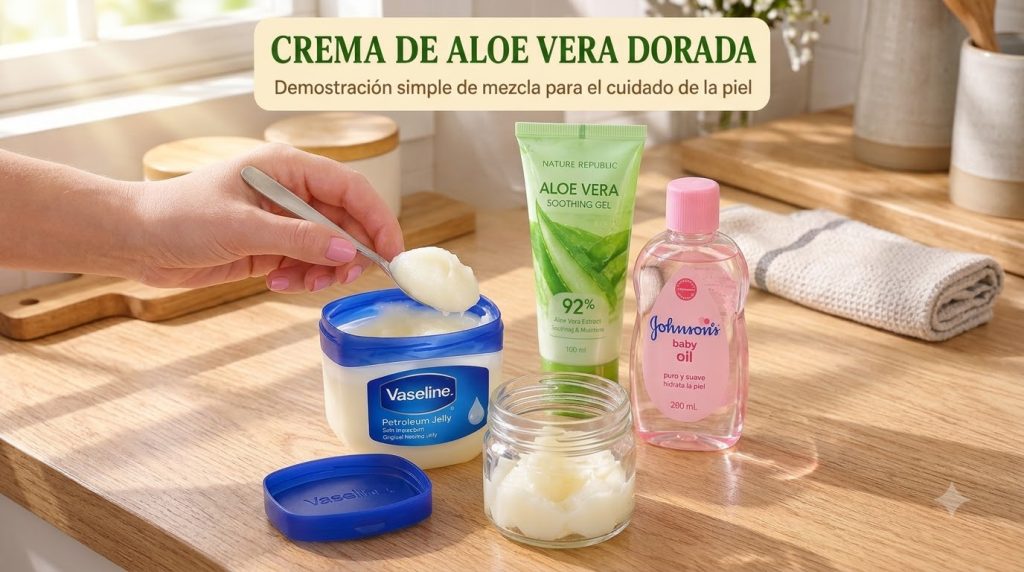 A hand scooping petroleum jelly from a Vaseline tub into a spoon next to a Nature Republic Aloe Vera Soothing Gel tube a
