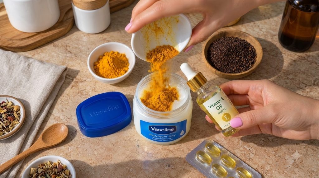 Hands preparing a homemade turmeric and Vaseline mixture with turmeric powder being poured into a jar of Vaseline and a