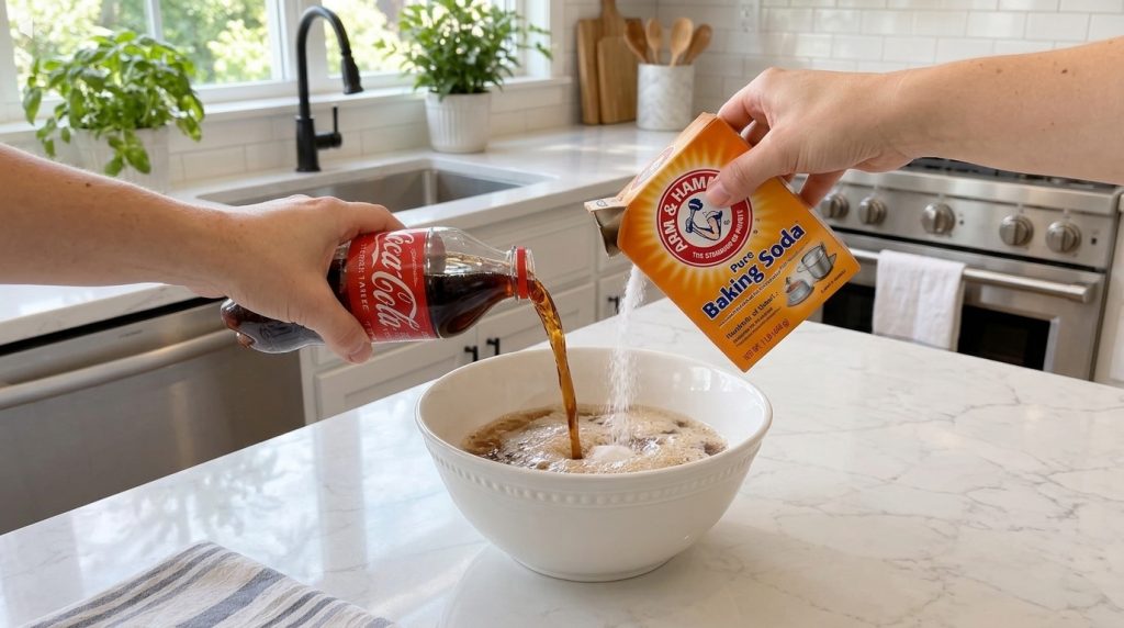 Hands pouring Coca-Cola and baking soda into a bowl creating a fizzing reaction in a clean kitchen