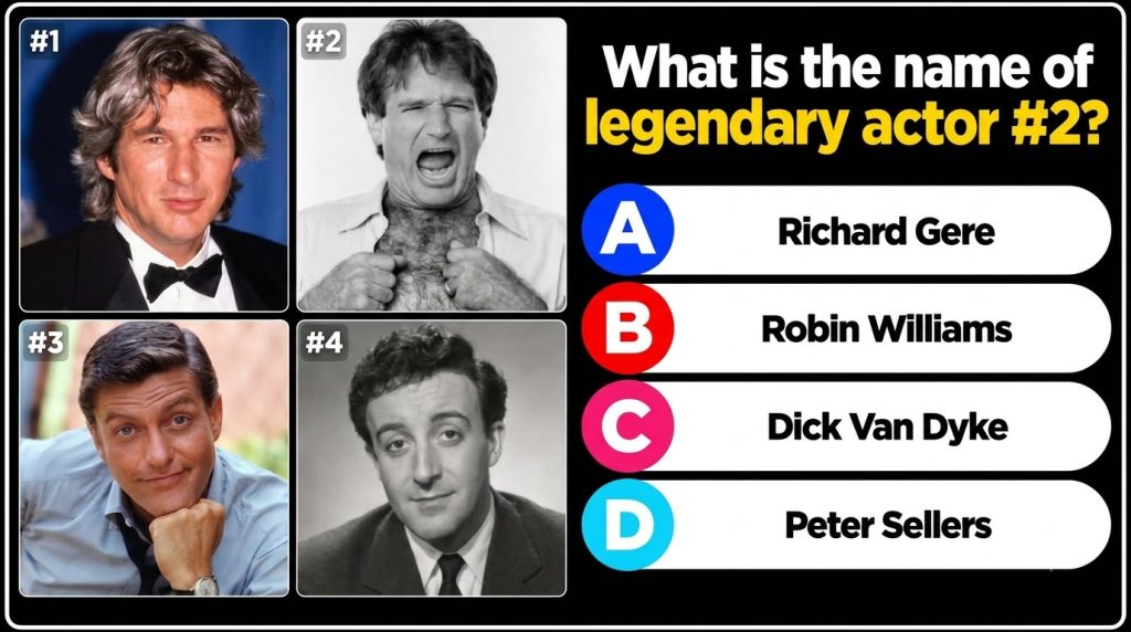 A vertical social media quiz featuring a 2x2 grid of headshots of four iconic male actors Richard Gere Robin Williams Di