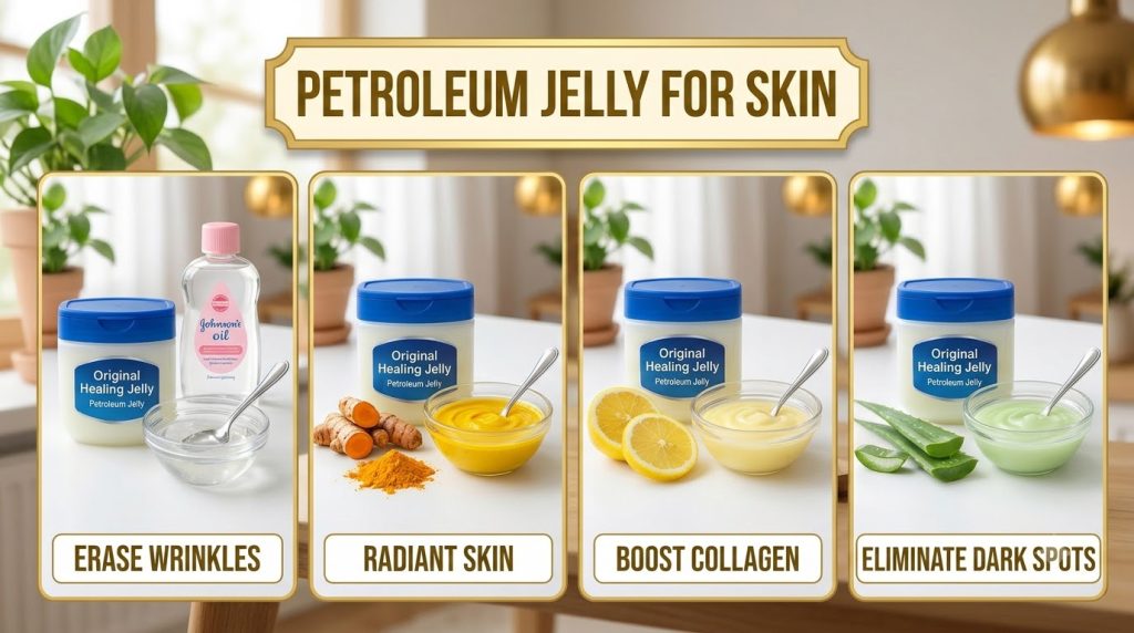 A four-panel grid showing petroleum jelly combined with natural ingredients like baby oil turmeric lemon and aloe vera e