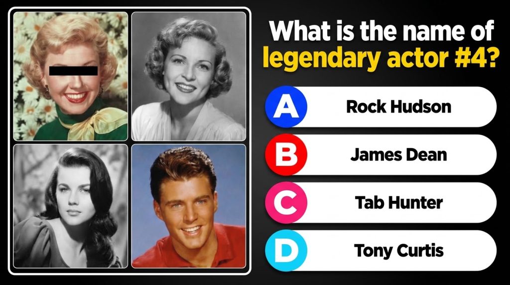 A quiz graphic showing four classic Hollywood figures in a 2x2 grid The bottom-right square labeled 4 features a smiling