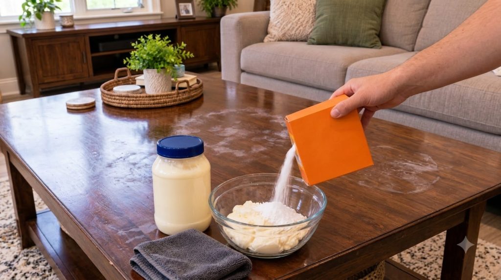 A close-up of a glass bowl on a wooden coffee table with mayonnaise in it and baking soda being poured from an orange bo