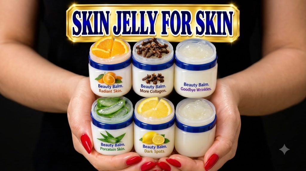 A pair of hands with red manicured nails holding small jars of Vaseline mixed with natural ingredients like orange clove