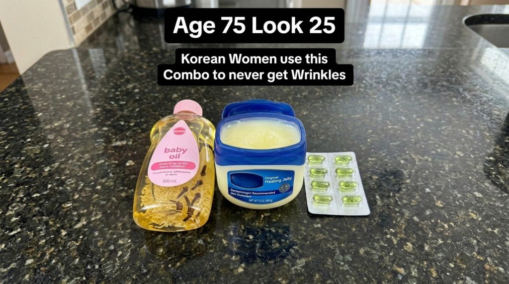Three skincare items bottle of rice clove oil jar of petroleum jelly capsule blister pack on a dark countertop