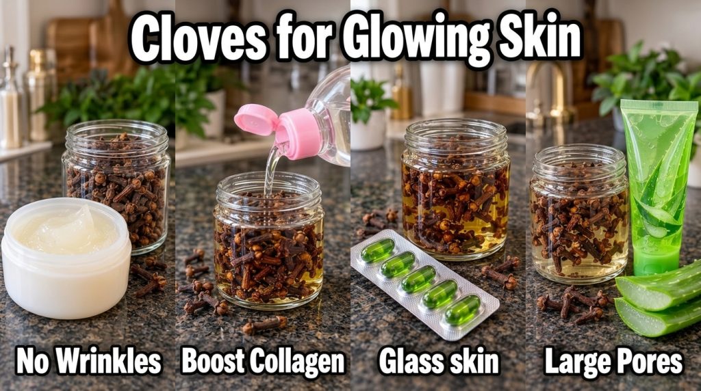 A four-panel collage showing various clove beauty hacks Top left cloves with petroleum jelly for wrinkles Top right clov