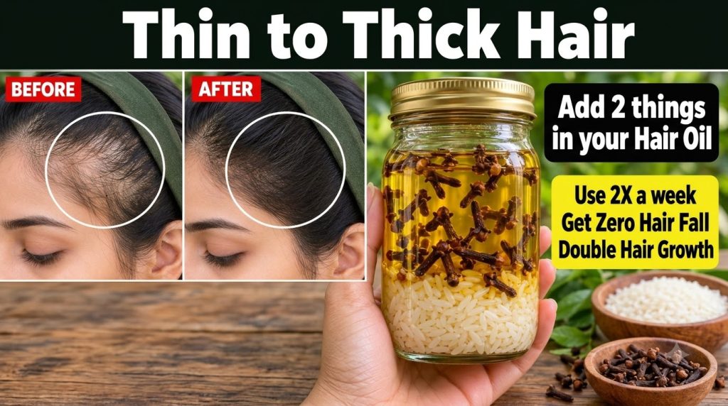 A Before and After comparison showing sparse hair becoming denser alongside a hand holding a jar with rice cloves and oi