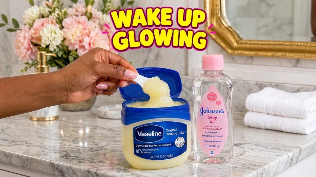 A close-up shot of a hand scooping petroleum jelly from a tub with a bottle of baby oil next to it on a marble counter i