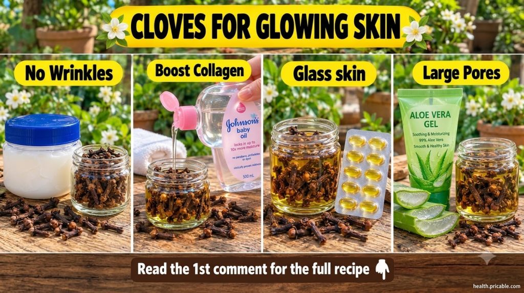 A grid of four sections showcasing cloves combined with Vaseline baby oil vitamin E capsules and aloe vera gel for vario