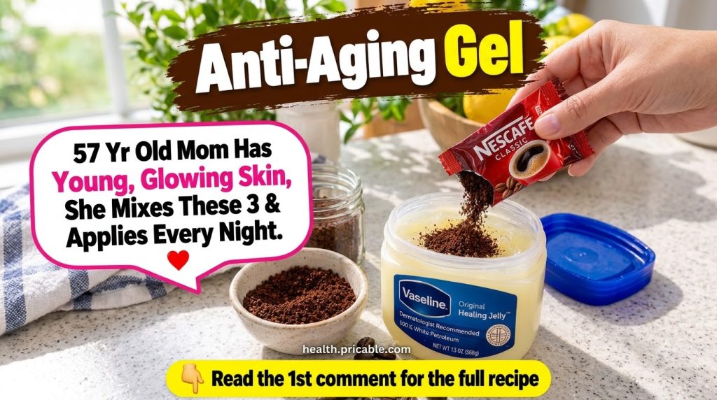 A hand pouring dark brown coffee powder from a red packet into a clear jar of light yellow petroleum jelly Vaseline on a