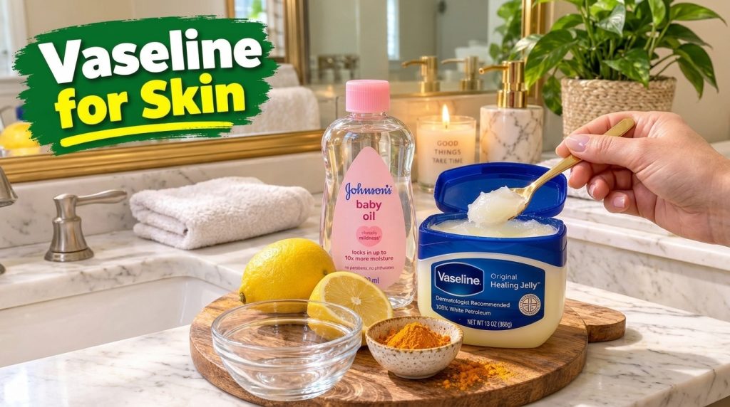 A hand holding a golden spoon scooping petroleum jelly from a jar surrounded by lemons turmeric powder and baby oil on a