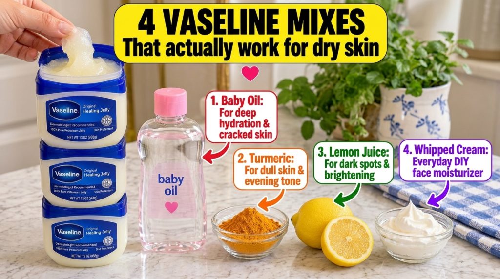 A visually clear and informative arrangement of common beauty and household items to illustrate 4 Vaseline Mixes That ac