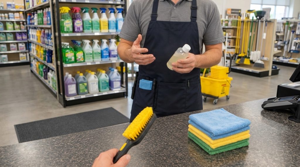 A person in a gray polo shirt and navy apron holding a clear bottle of homemade cleaning solution gesturing with their h