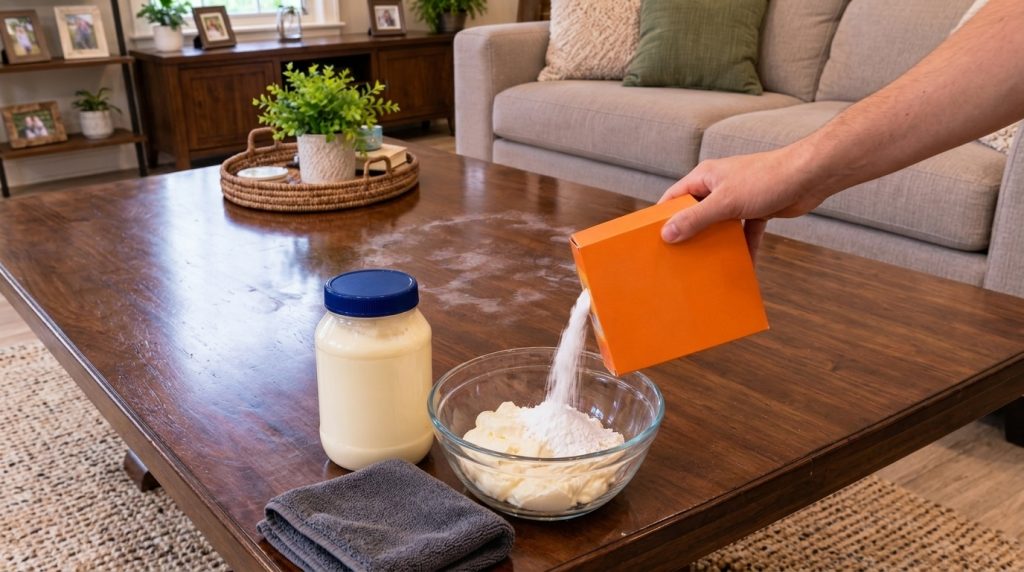 A close-up shot of a hand pouring white baking soda powder from an orange box into a glass bowl containing creamy pale y