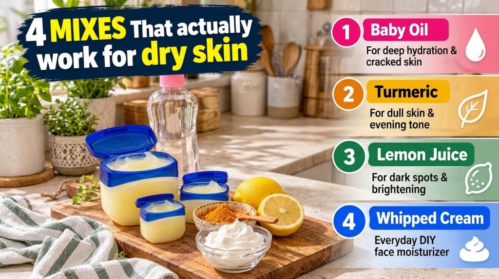 A flat-lay of beauty ingredients on a wooden cutting board including Petroleum Jelly Baby Oil turmeric powder lemons and