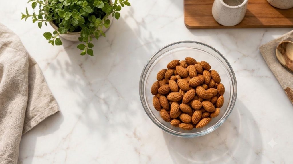 A clear glass bottle of freshly made almond milk next to a plate of golden-brown almond pulp cookies on a rustic wooden 