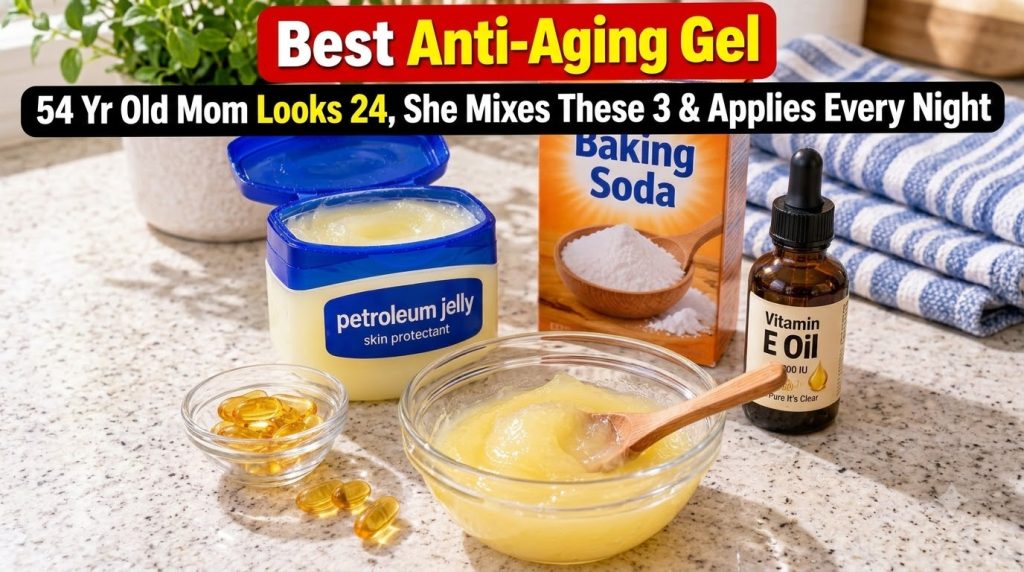 A close-up of common household and beauty products arranged on a kitchen counter serving as ingredients for a DIY anti-a
