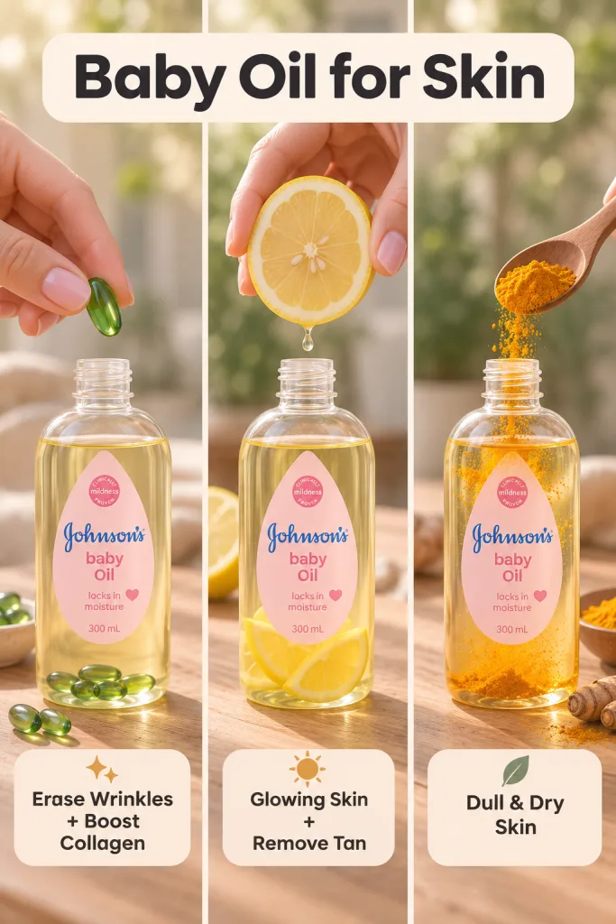A hand dropping a green gel capsule Vitamin E into a small bottle of baby oil The setting is bright and natural with sof